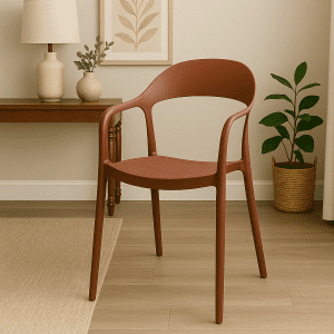 Brown bistro plastic chair with curved back and armrests in a modern indoor setting.