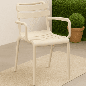 Beige bistro plastic chair with armrests in a modern indoor café setting.