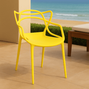 A bright yellow bistro plastic chair ideal for cafés, patios, and modern outdoor seating.