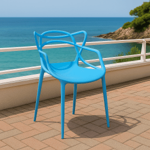 A modern blue bistro plastic chair placed in a stylish patio café setup with daylight ambiance.