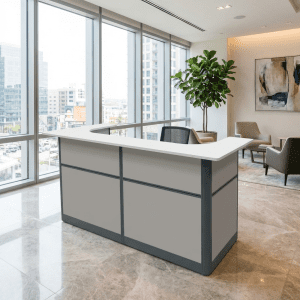 Modern 2-meter reception desk with storage drawers in a white laminate finish.