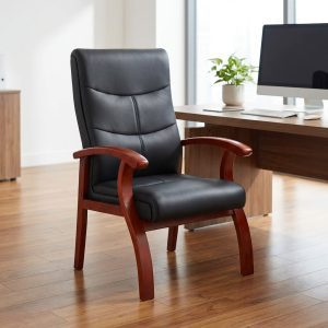 Boss office guest chair with executive mid-back design and cherry wood arms