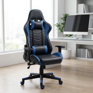 Blue ergonomic gaming chair with racing-style design and PU leather upholstery