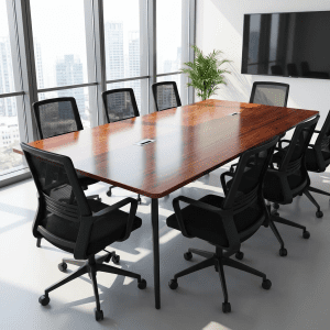 A 2.4-meter wooden boardroom table with black steel legs, set for a meeting in a modern office.
