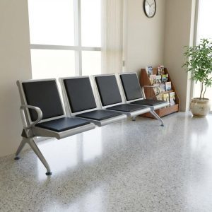 4-link heavy duty waiting bench with metal frame and cushioned seats.