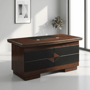 A 1.4-meter executive office desk in a classic mahogany finish with a set of fixed drawers.