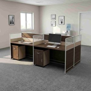 4-Way Office Workstation with partitions and storage cabinets