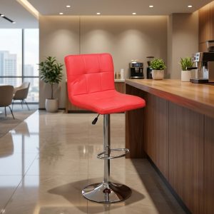 Red adjustable swivel bar stool with chrome base and PU leather seat