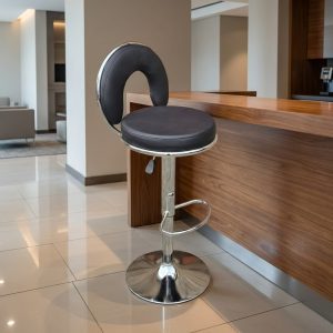 black swivel counter height barstool with silver base and circular backrest