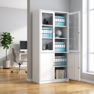 half glass office filing cabinet with upper glass doors and lower solid doors