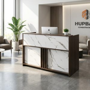Modern marble finish reception desk with wood accents
