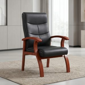 high back visitor chair with wooden arms and PU leather seat