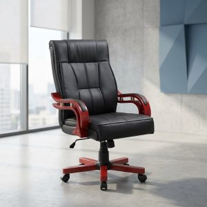 pu leather executive swivel chair with wooden armrests and base