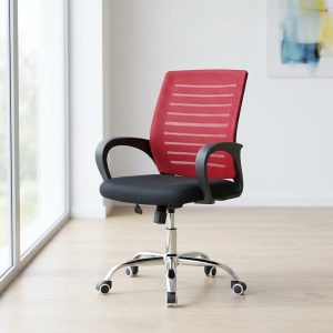 strong mesh office chair red black with chrome base and armrests