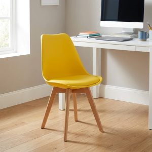 eames style dining chair yellow molded seat wooden legs