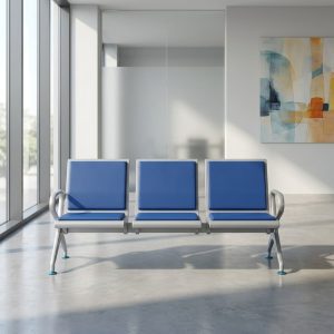 3 seater waiting bench blue cushioned metal reception seating