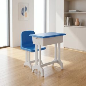 blue student study table and chair set with storage