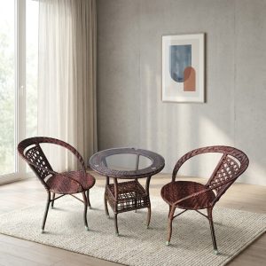 brown rattan bistro set with two chairs and round glass table