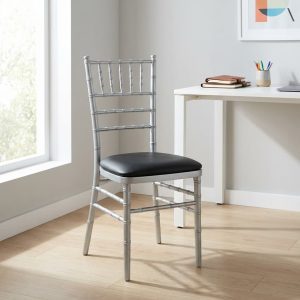 silver chiavari chair with black cushion for events
