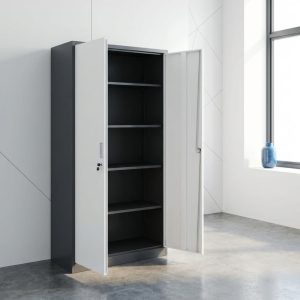 metal storage cabinet with double doors and adjustable shelves for office storage