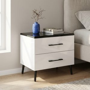 modern 2 drawer bedside table with white finish and black top