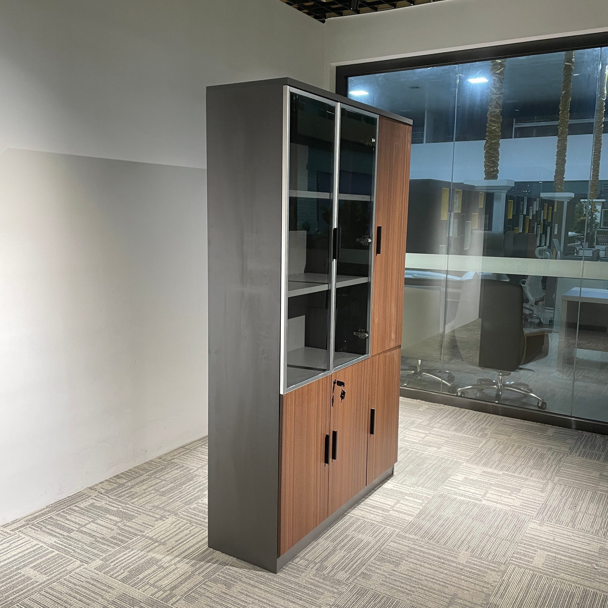 Executive Display Storage Cabinet with glass doors and lockable office storage