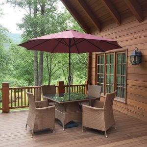 4 seater outdoor dining set with umbrella and woven chairs
