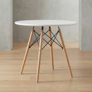 Eames round dining table with white top and wooden legs