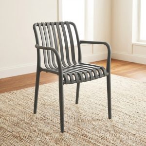 modern grey ribbed plastic chair with armrests for indoor and outdoor use