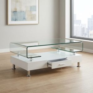 tempered glass coffee table with white storage base