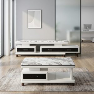 modern marble TV stand and coffee table set with storage drawers
