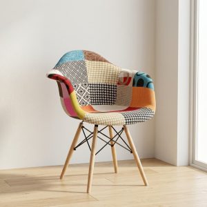 Multicolor patchwork accent chair with wooden legs