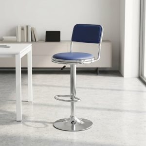 Blue adjustable barstool with chrome base and PU leather upholstery