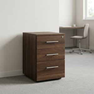 3-drawer mobile pedestal cabinet with lock and wood-grain finish