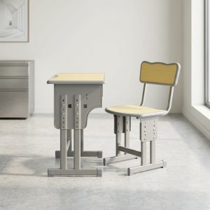 Height adjustable school desk and chair set with ergonomic design and steel frame