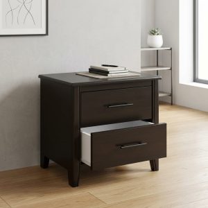 Night stand with 2 drawers in dark wood finish for bedroom storage