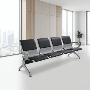 Four-Seat Waiting Bench with black upholstered seats and perforated metal back panels