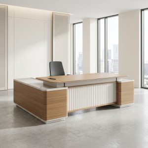 2.4M Executive Director Desk with side return, drawers, LED lighting, and wood-grain finish