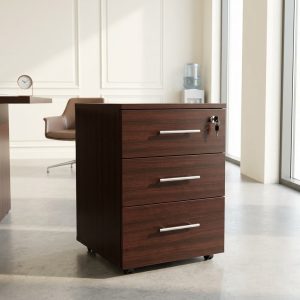 Dark Walnut Mobile Pedestal with three drawers and lockable top drawer