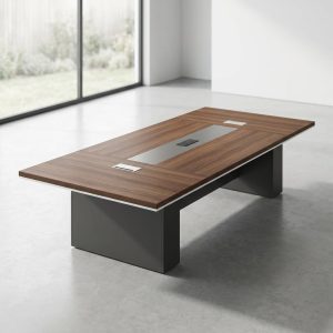 Executive Boardroom Table RY3501 with wood-grain tabletop and integrated cable management