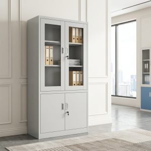 Metal storage cabinet with glass doors and lockable lower cupboard