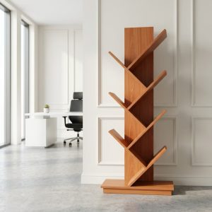 Tree Style Book Rack with 8-tier cherry MDF shelving