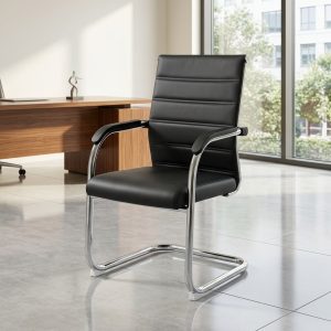 Black faux leather visitor chair with chrome cantilever frame