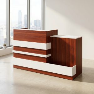 2M dark walnut reception desk with white accent panels