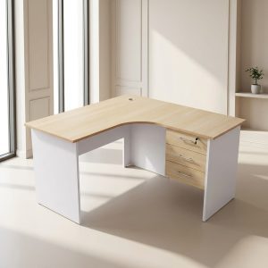 1.2M beech curved office desk with lockable three-drawer pedestal