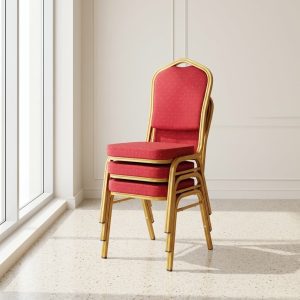 Banquet Conference Chair with red padded upholstery and gold metal frame