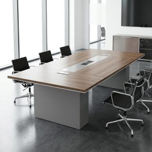 8-Seater Corporate Conference Table with wood-grain top and integrated cable management