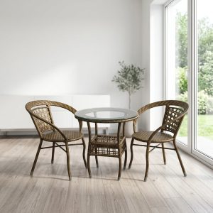 2-Seater Rattan Bistro Set with two woven chairs and round glass-top table