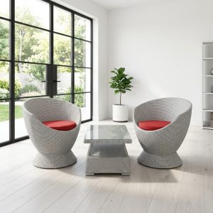 2-Seater Rattan Coffee Set with two curved chairs and glass-top table