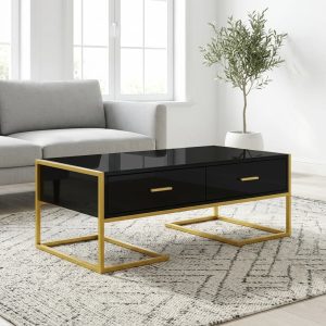 Elegance Black & Gold Coffee Table with two storage drawers